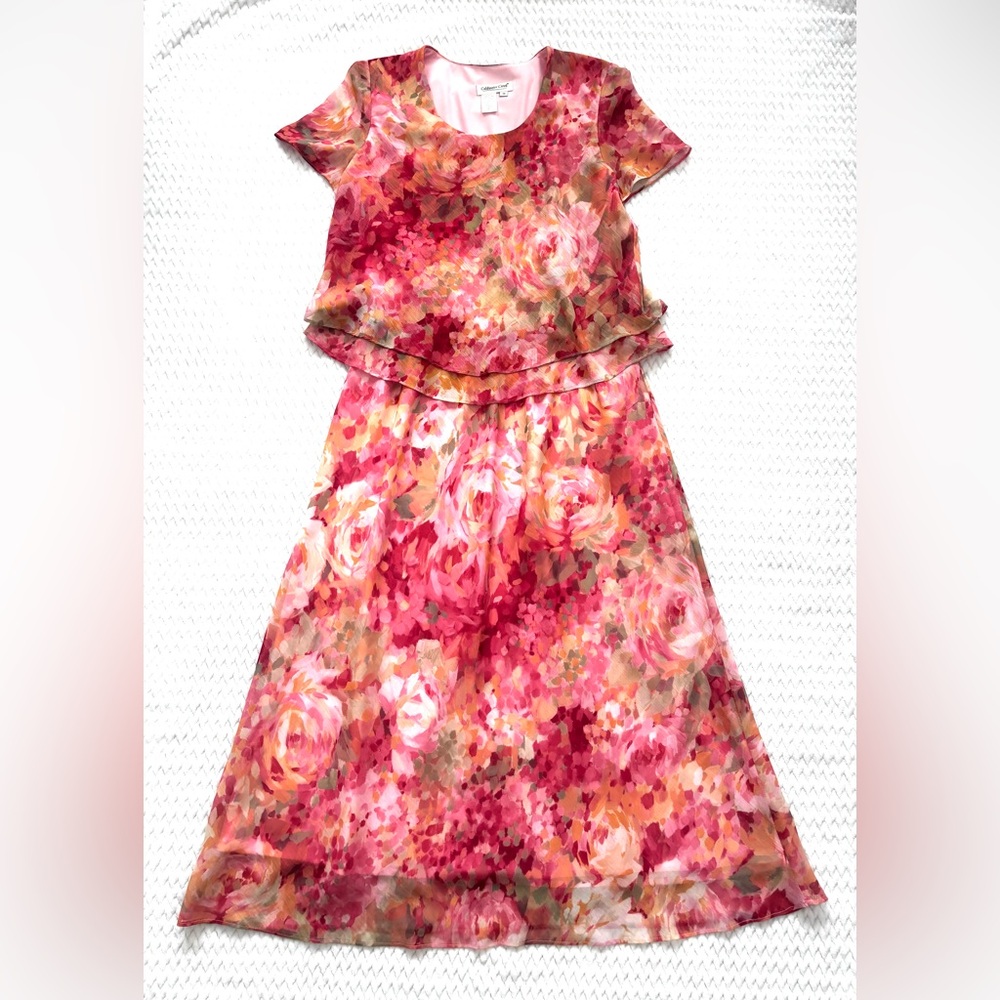 Coldwater Creek Watercolor Floral Dress‎ Artsy Short Sleeve Layered Women’s 14